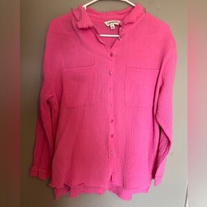 Pink Button Down Distressed Hem Top Size Small